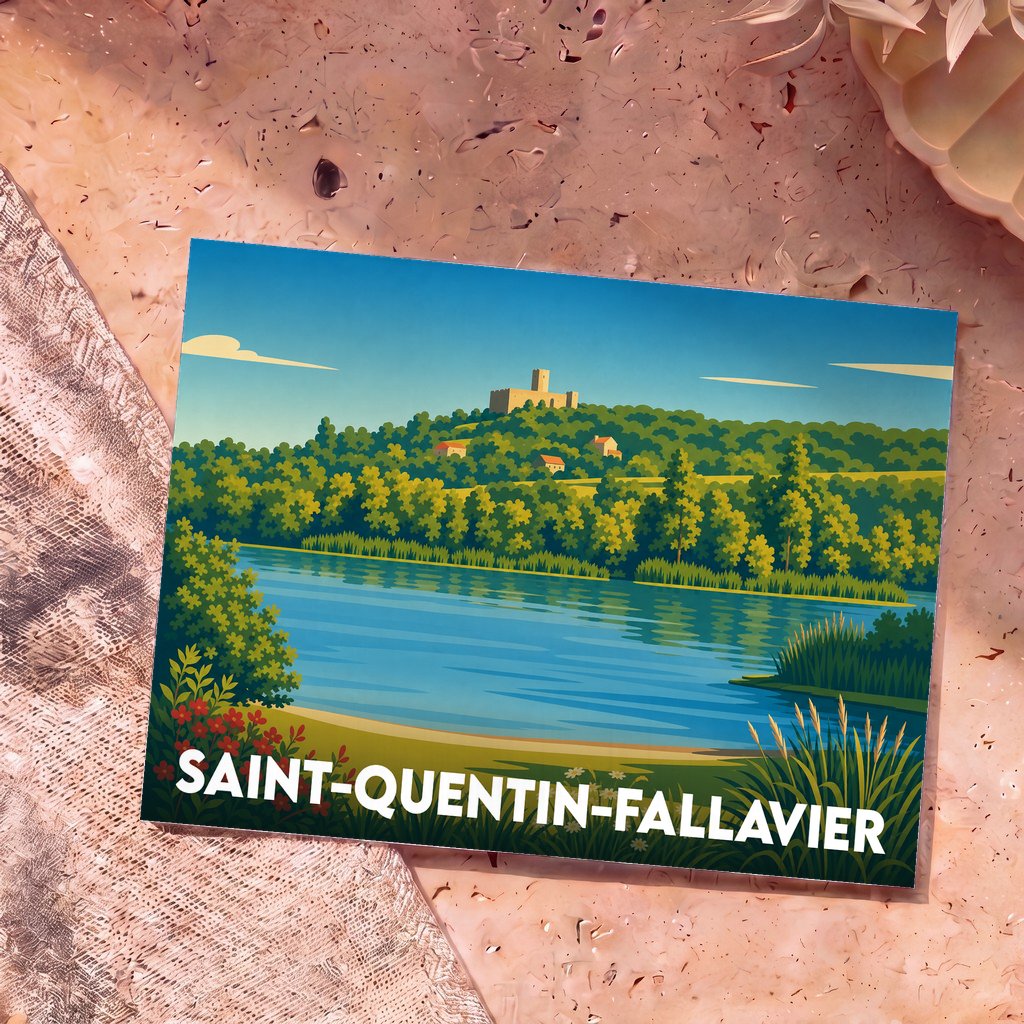 Carte postale souvenir de la ville de Saint-Quentin-Fallavier avec une illustration stylisée de son lac et de son château.
