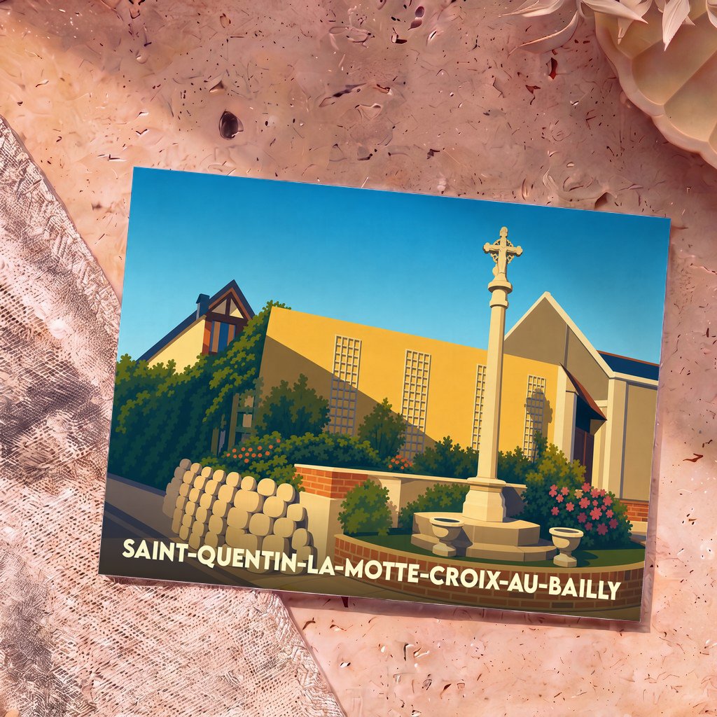 Carte postale souvenir de Saint-Quentin-la-Motte-Croix-au-Bailly avec une illustration stylisée de son monument.