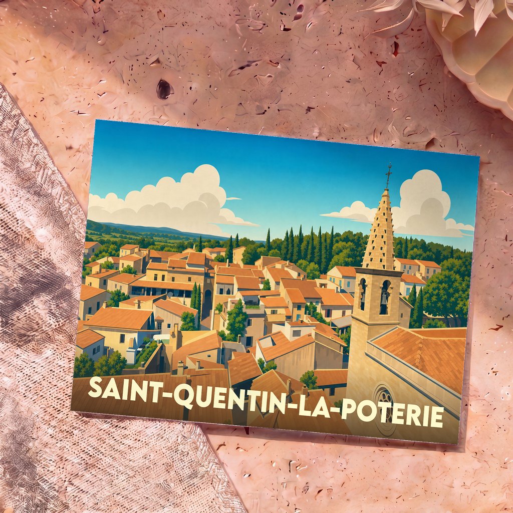 Carte postale souvenir de Saint-Quentin-la-Poterie avec une illustration stylisée du village et de son clocher.