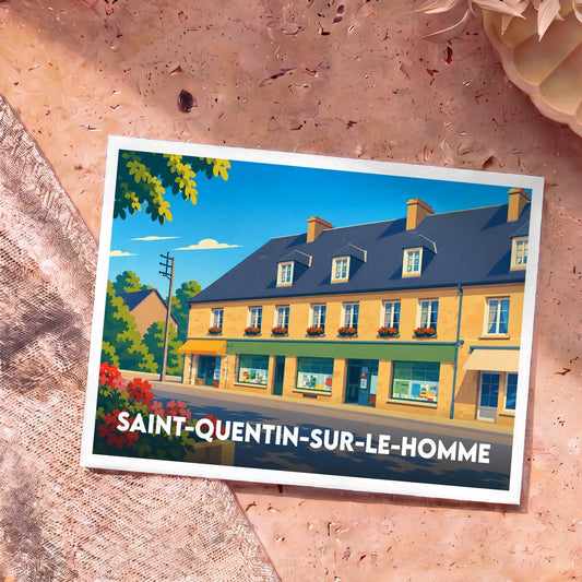 Carte postale souvenir de la ville de Saint-Quentin-sur-le-Homme avec une illustration stylisée.