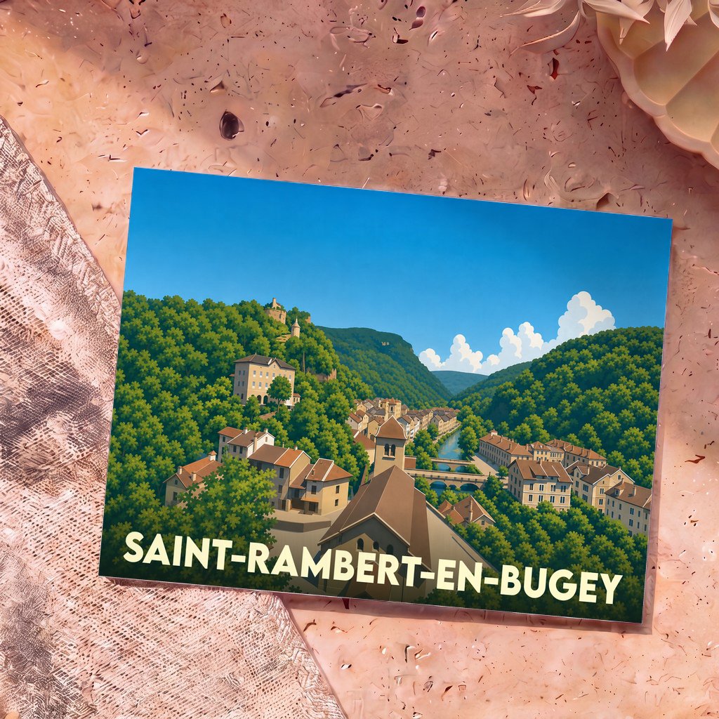 Carte postale souvenir de la ville de Saint-Rambert-en-Bugey avec une illustration stylisée de ses paysages et bâtiments.