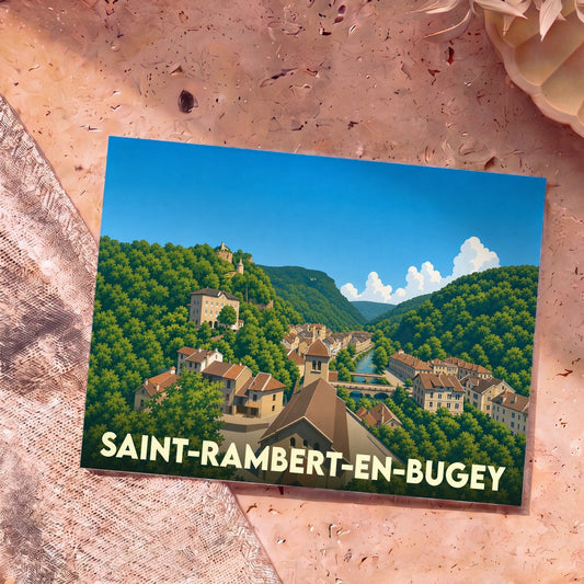 Carte postale souvenir de la ville de Saint-Rambert-en-Bugey avec une illustration stylisée de ses paysages et bâtiments.