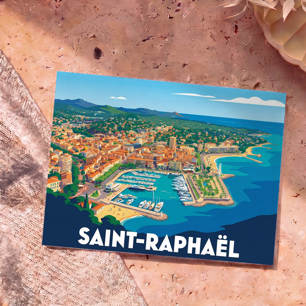 Carte postale souvenir de la ville de Saint-Raphaël avec une illustration stylisée vue du ciel.