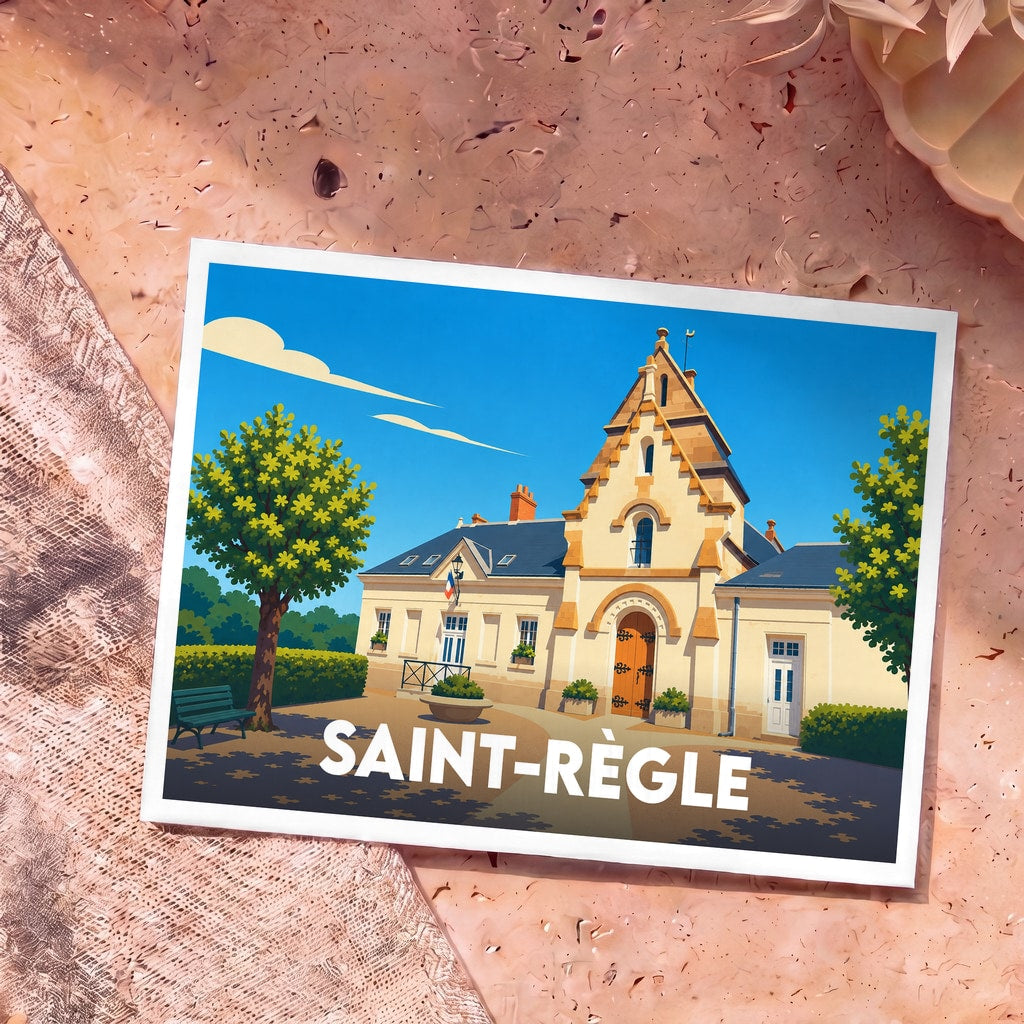 Carte postale souvenir de la ville de Saint-Règle avec une illustration stylisée de sa mairie.