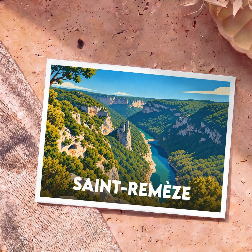 Carte postale souvenir de la ville de Saint-Remèze avec une illustration stylisée des gorges de l'Ardèche.