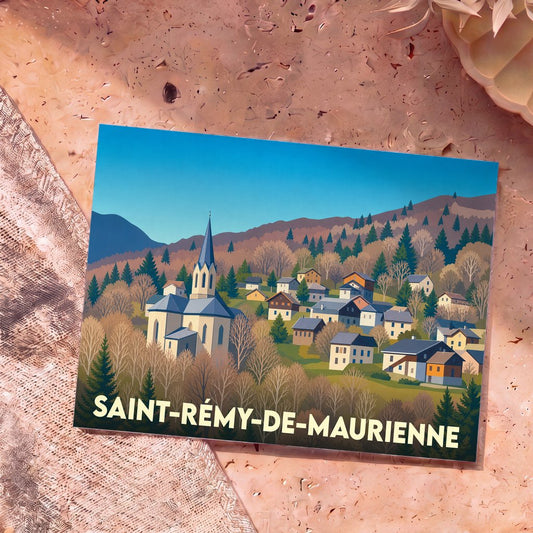Carte postale souvenir de la ville de Saint-Rémy-de-Maurienne avec une illustration stylisée de son église et de ses montagnes.