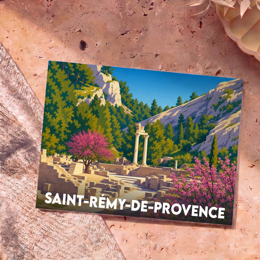 Carte postale souvenir de la ville de Saint-Rémy-de-Provence illustrant les ruines antiques de Glanum dans un style graphique et coloré.