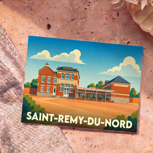 Carte postale souvenir de la ville de Saint-Remy-du-Nord avec une illustration stylisée.