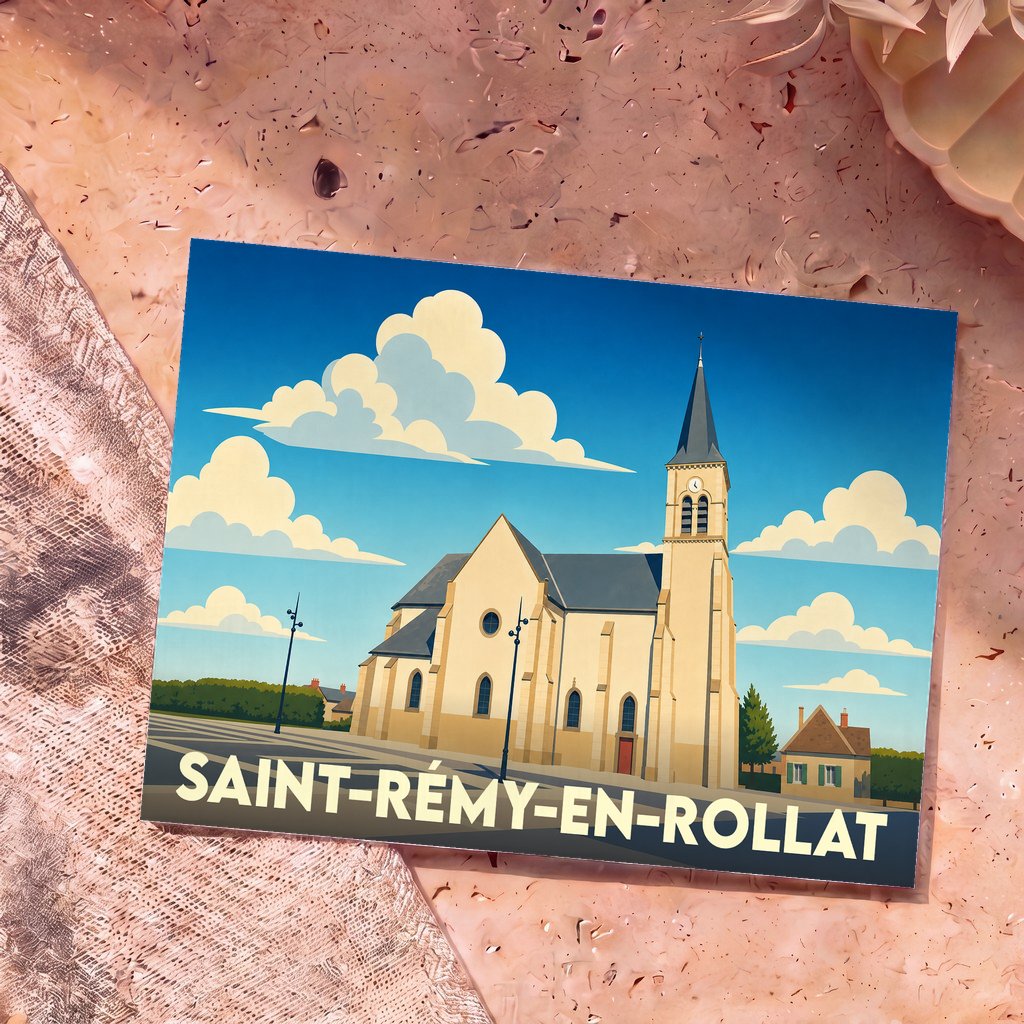 Carte postale souvenir de la ville de Saint-Rémy-en-Rollat avec une illustration stylisée de son église sous un ciel nuageux.
