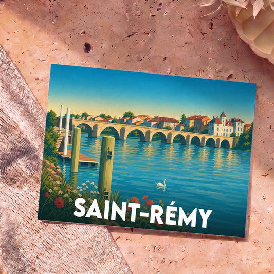 Carte postale souvenir de la ville de Saint-Rémy avec une illustration stylisée d'un pont en pierre traversant une rivière.