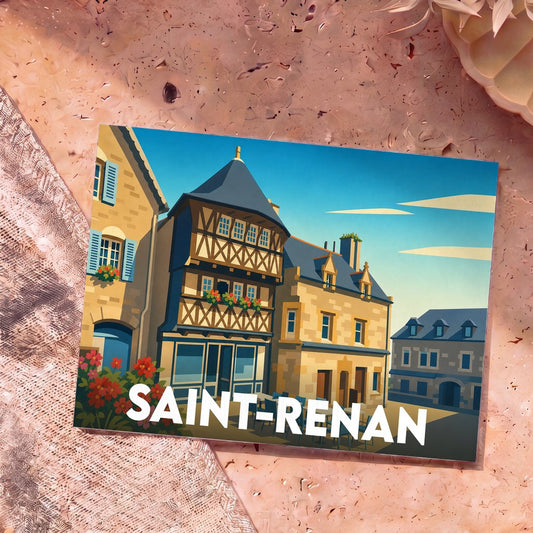 Carte postale souvenir de la ville de Saint-Renan avec une illustration stylisée de ses maisons à colombages.