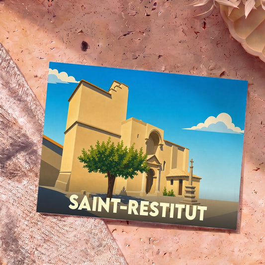 Carte postale souvenir de la ville de Saint-Restitut avec une illustration stylisée de son église romane.