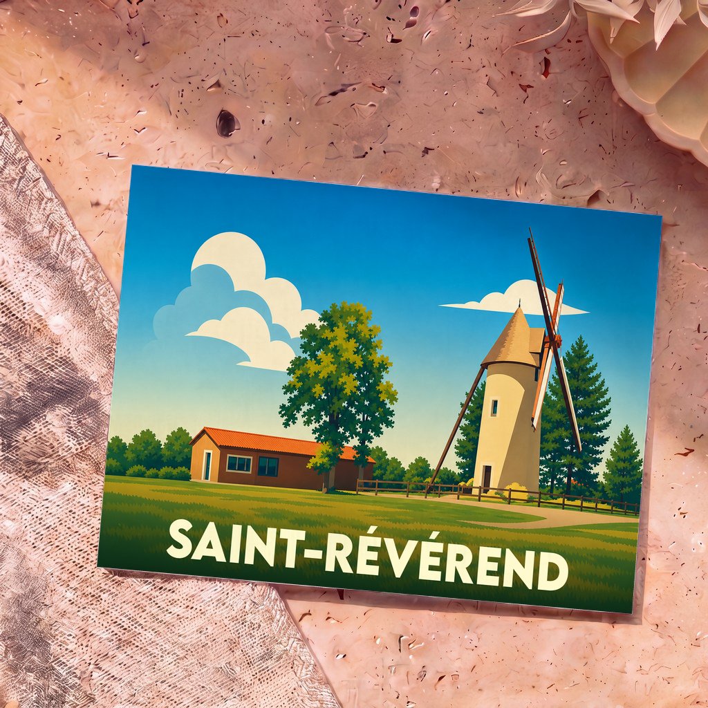 Carte postale souvenir de la ville de Saint-Révérend avec une illustration stylisée d'un moulin.