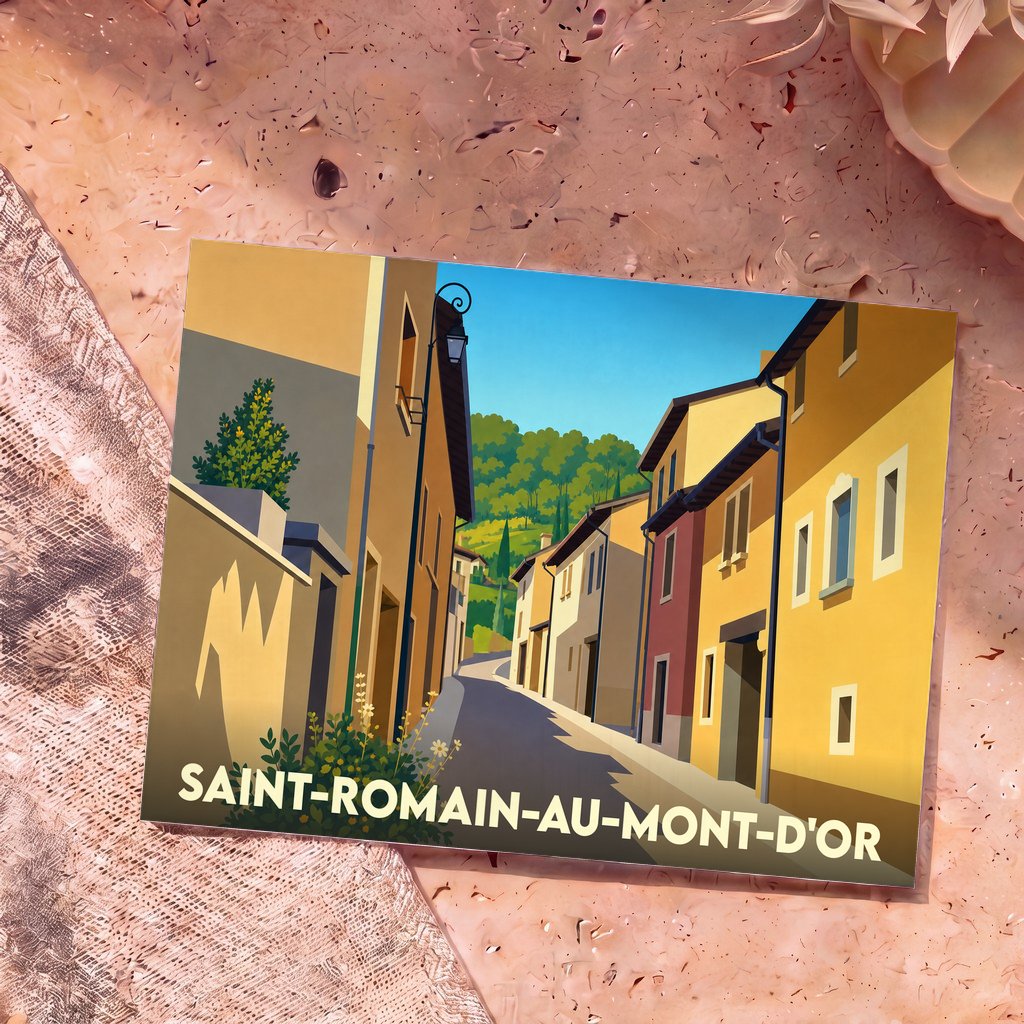 Carte postale souvenir de la ville de Saint-Romain-au-Mont-d'Or avec une illustration stylisée d'une ruelle ensoleillée.