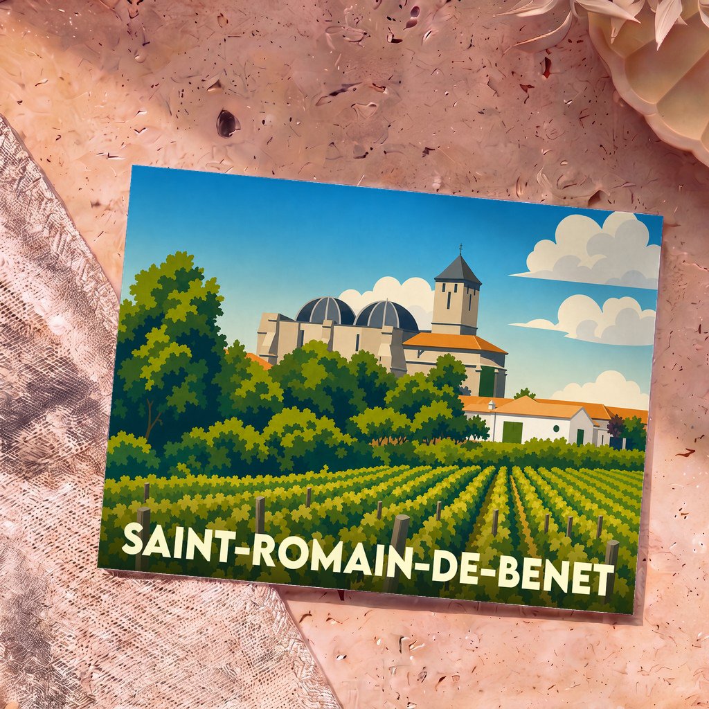 Carte postale souvenir de Saint-Romain-de-Benet avec une illustration stylisée de son église et de ses vignobles.