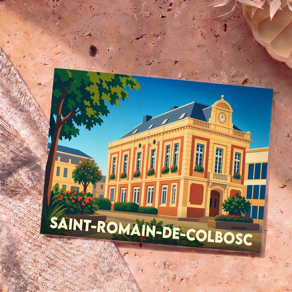 Carte postale souvenir de la ville de Saint-Romain-de-Colbosc avec une illustration stylisée de son hôtel de ville.