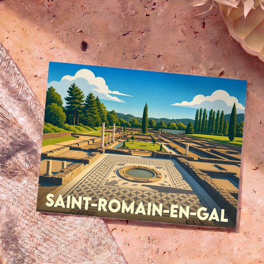Carte postale souvenir de la ville de Saint-Romain-en-Gal illustrant ses vestiges gallo-romains dans un style graphique épuré.