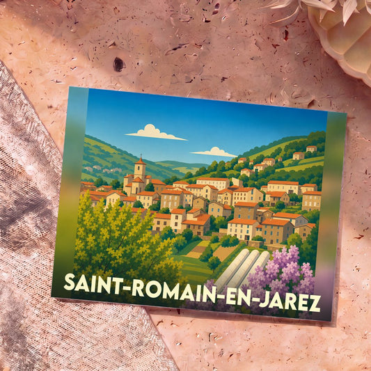 Carte postale souvenir de la ville de Saint-Romain-en-Jarez avec une illustration stylisée.