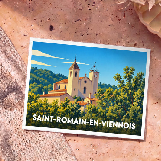 Carte postale souvenir de Saint-Romain-en-Viennois illustrant son église provençale entourée de végétation sous un ciel bleu.
