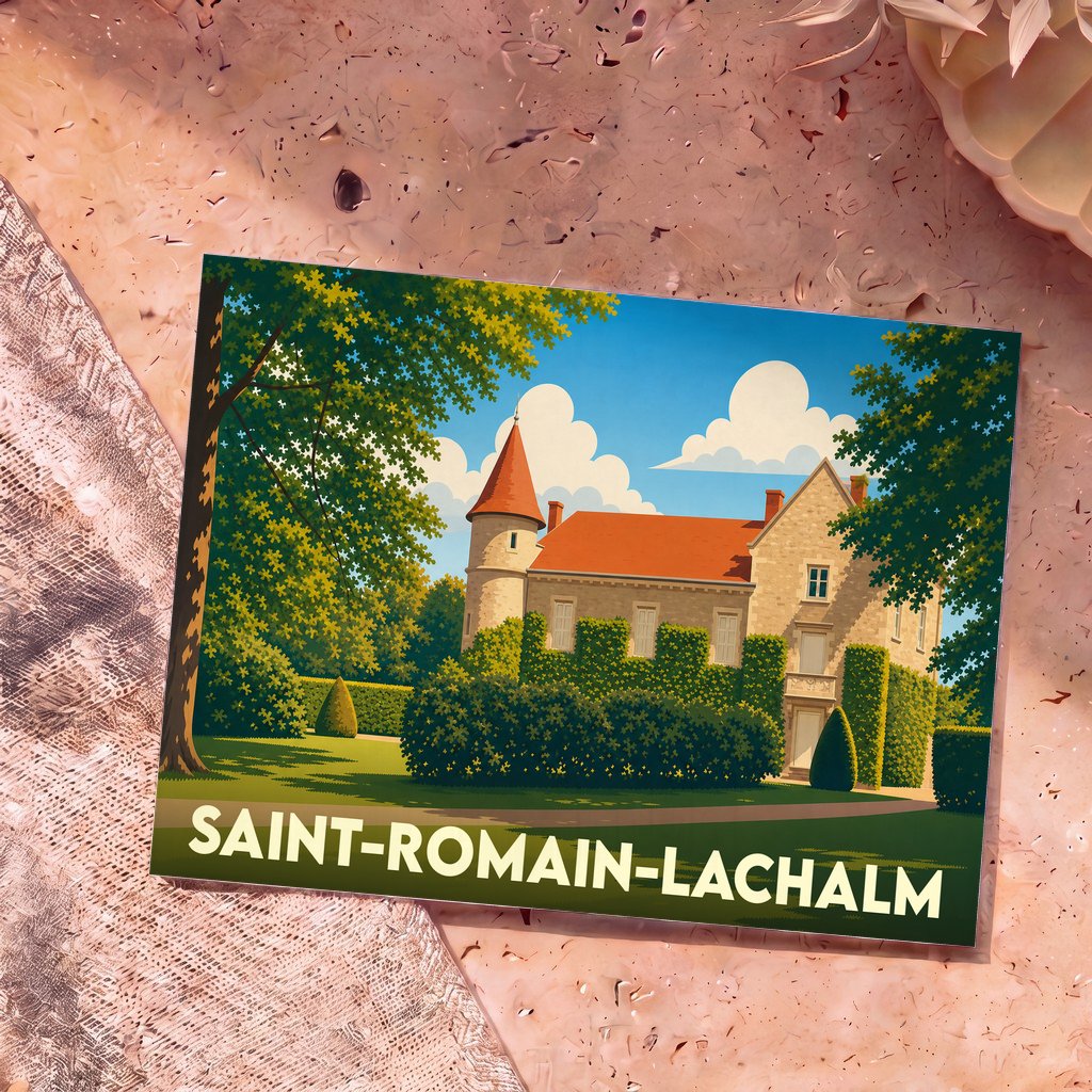 Carte postale souvenir de la ville de Saint-Romain-Lachalm avec une illustration stylisée d'un château.