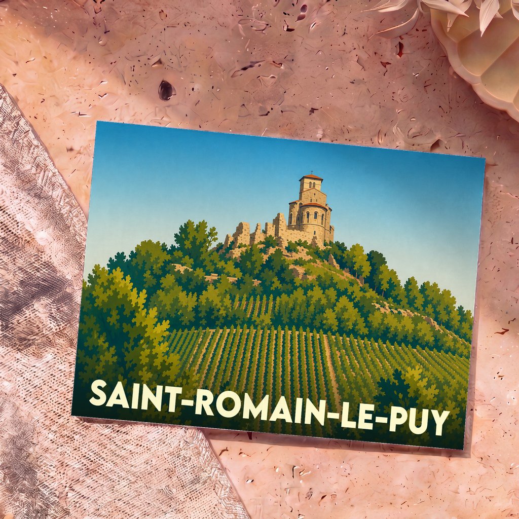 Carte postale souvenir de Saint-Romain-le-Puy illustrant son prieuré perché sur un mont verdoyant.