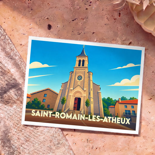 Carte postale souvenir de la ville de Saint-Romain-les-Atheux avec une illustration stylisée de son église.