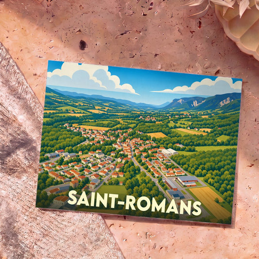 Carte postale souvenir de la ville de Saint-Romans avec une illustration stylisée d'un paysage vallonné.