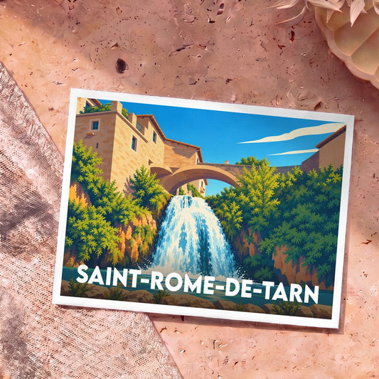 Carte postale souvenir de la ville de Saint-Rome-de-Tarn illustrant une cascade et un pont en pierre dans un style graphique épuré.