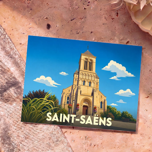 Carte postale souvenir de la ville de Saint-Saëns avec une illustration stylisée de son église.