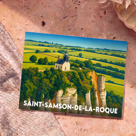 Carte postale souvenir de la ville de Saint-Samson-de-la-Roque avec une illustration stylisée de son phare au sommet d'une falaise.