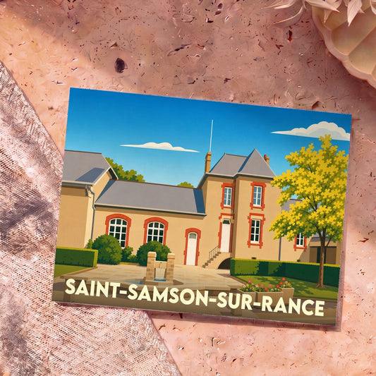 Carte postale souvenir de Saint-Samson-sur-Rance avec une illustration stylisée de la mairie.