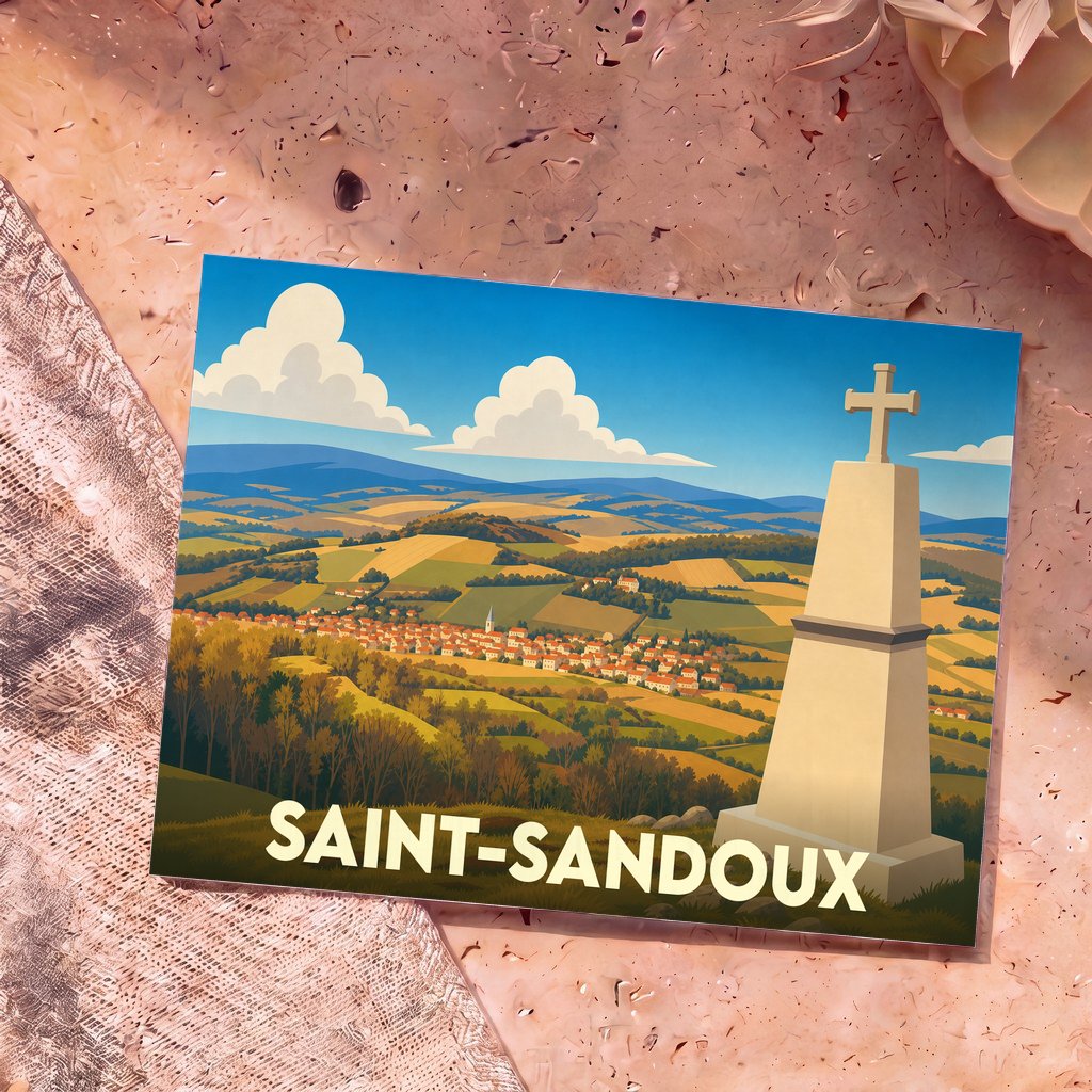 Carte postale souvenir de la ville de Saint-Sandoux avec une illustration stylisée d'un paysage de campagne vallonné.