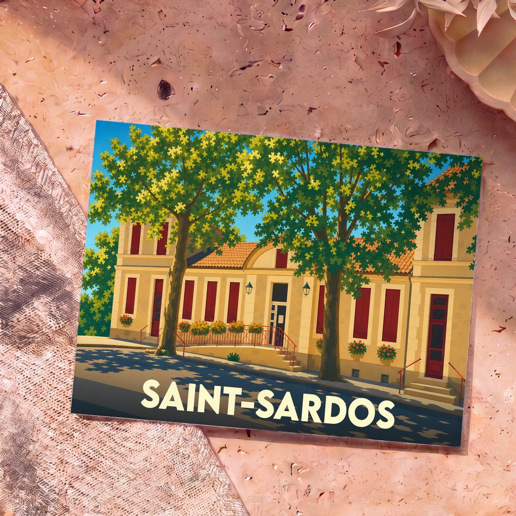 Carte postale souvenir de la ville de Saint-Sardos avec une illustration stylisée.
