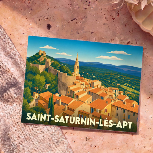 Carte postale souvenir de la ville de Saint-Saturnin-lès-Apt avec une illustration stylisée.