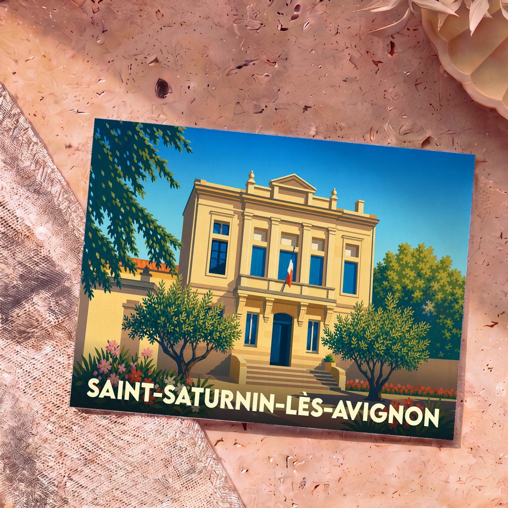 Carte postale souvenir de la ville de Saint-Saturnin-lès-Avignon avec une illustration stylisée de sa mairie.