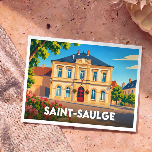 Carte postale souvenir de la ville de Saint-Saulge avec une illustration stylisée de sa mairie.