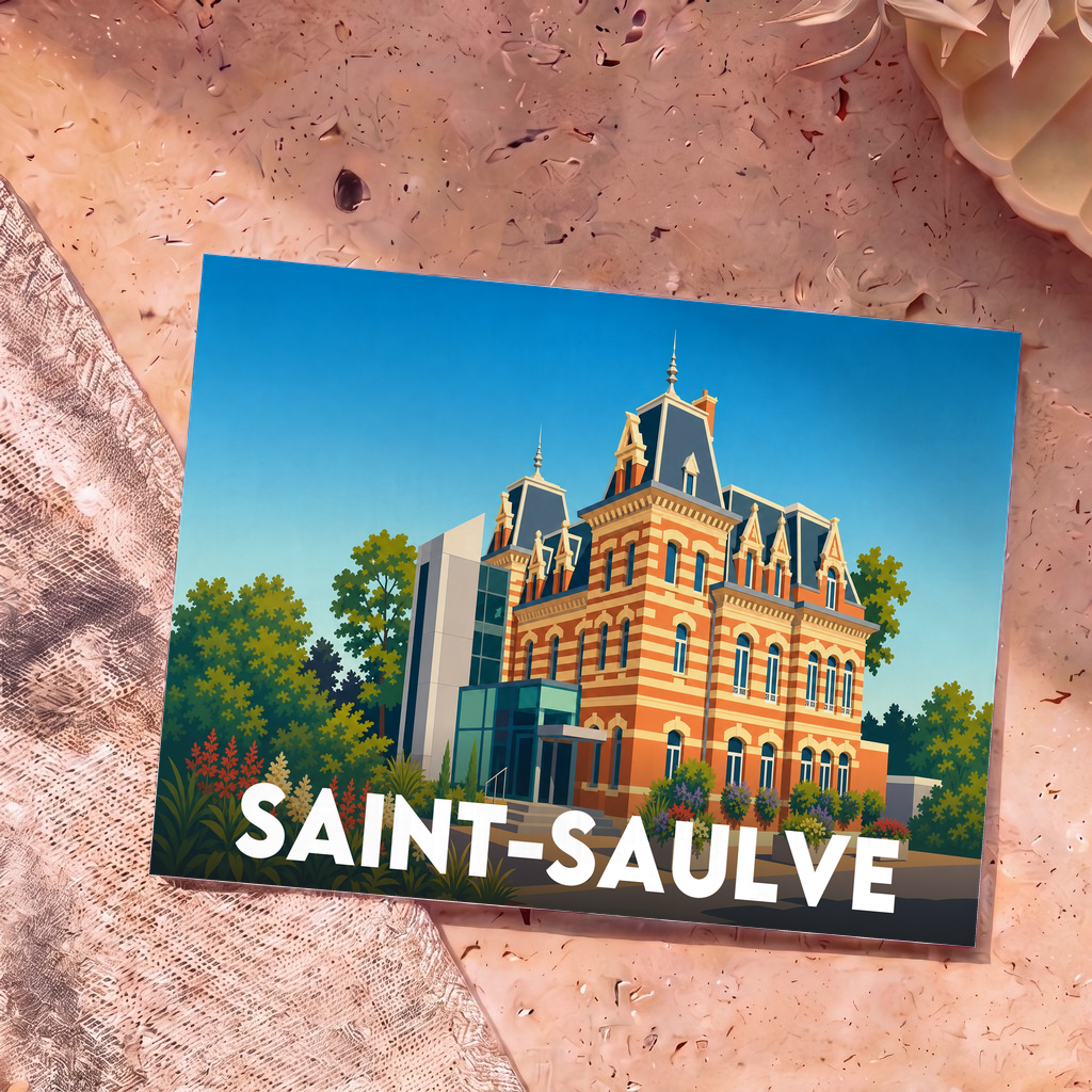 Carte postale souvenir de la ville de Saint-Saulve avec une illustration stylisée de son hôtel de ville.