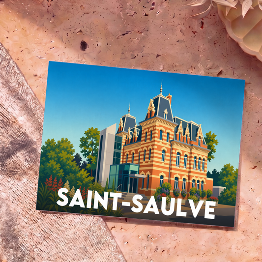 Carte postale souvenir de la ville de Saint-Saulve avec une illustration stylisée de son hôtel de ville.