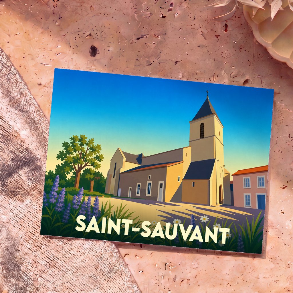 Carte postale souvenir de la ville de Saint-Sauvant avec une illustration stylisée de son église sous un ciel azur.