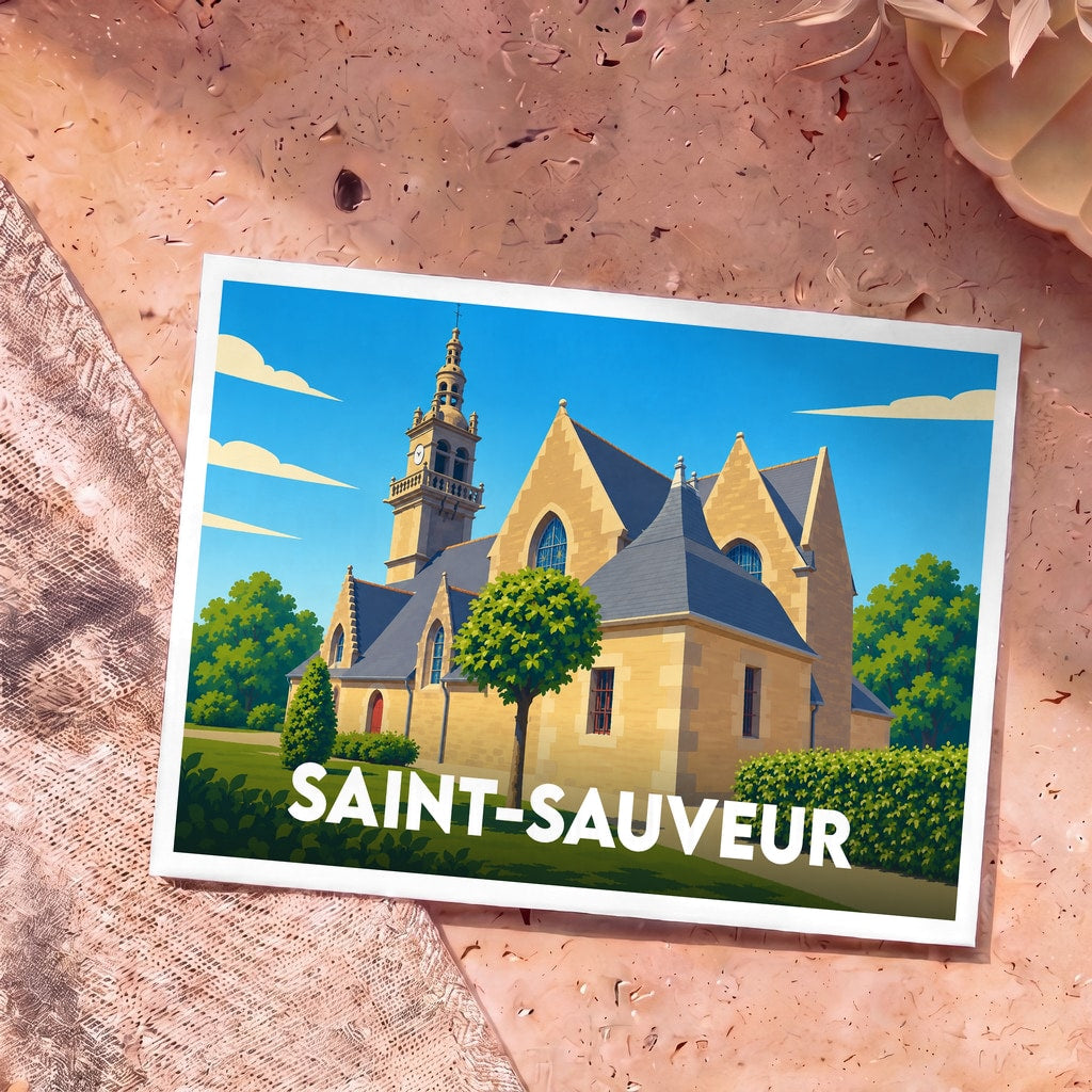 Carte postale souvenir de la ville de Saint-Sauveur avec une illustration stylisée de son église.