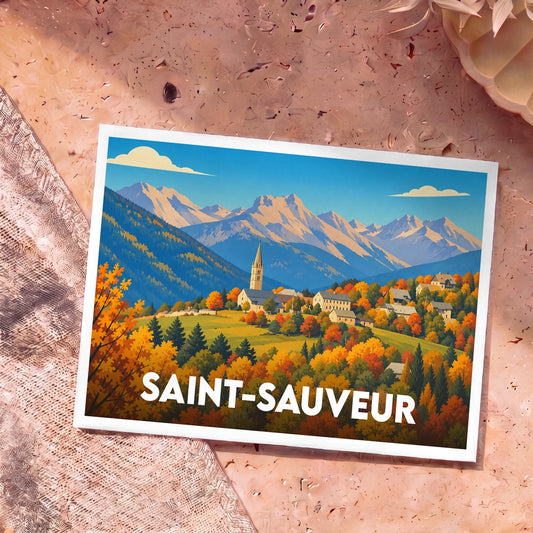 Carte postale souvenir de Saint-Sauveur avec une illustration stylisée de ses montagnes et de ses couleurs d'automne.