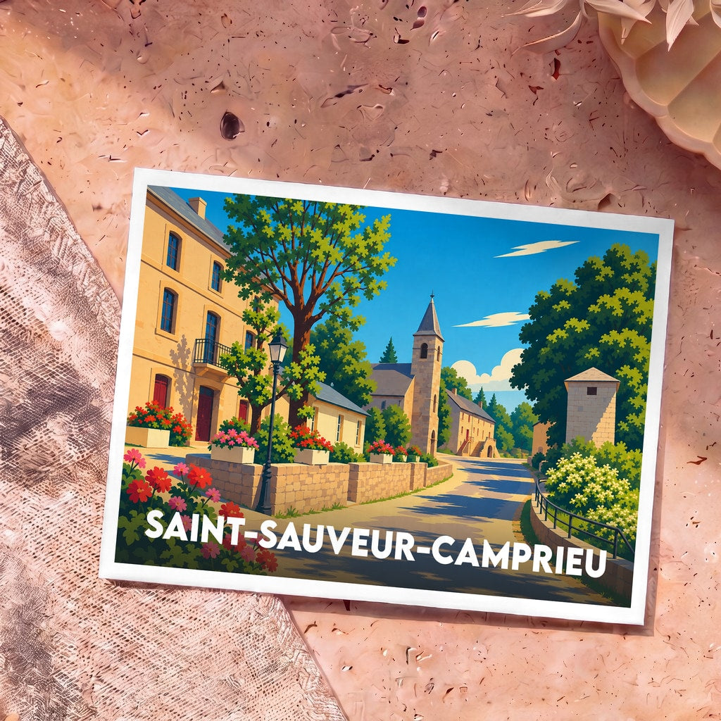 Carte postale souvenir de la ville de Saint-Sauveur-Camprieu avec une illustration stylisée d'un village pittoresque.