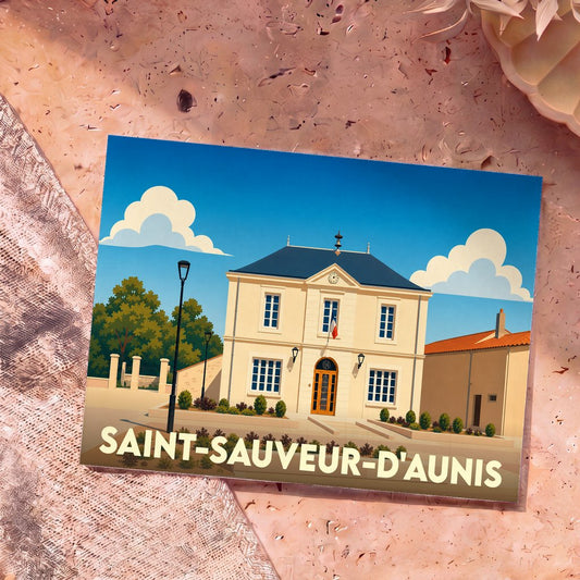 Carte postale souvenir de la ville de Saint-Sauveur-d'Aunis illustrant sa mairie dans un style graphique épuré.