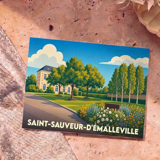 Carte postale souvenir de la ville de Saint-Sauveur-d'Émalleville avec une illustration colorée d'un parc arboré devant une demeure.