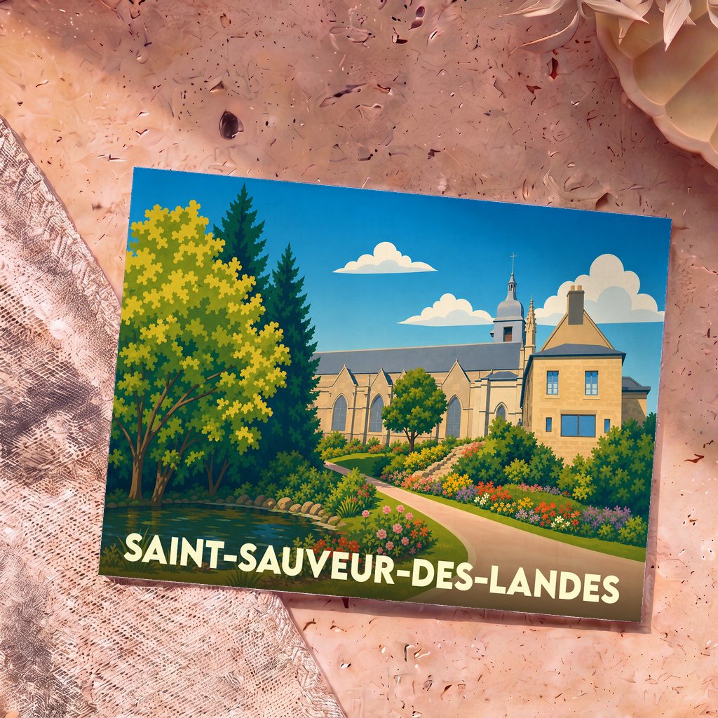 Carte postale souvenir de la ville de Saint-Sauveur-des-Landes avec une illustration stylisée de son église et de ses jardins.