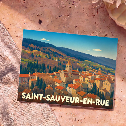 Carte postale souvenir de la ville de Saint-Sauveur-en-Rue avec une illustration stylisée de son village et de ses montagnes.