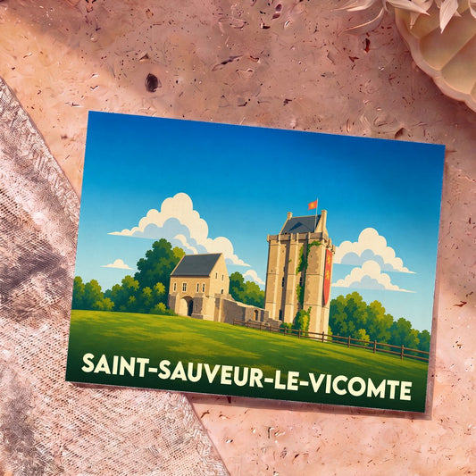 Carte postale souvenir de la ville de Saint-Sauveur-le-Vicomte avec une illustration stylisée de son château médiéval.