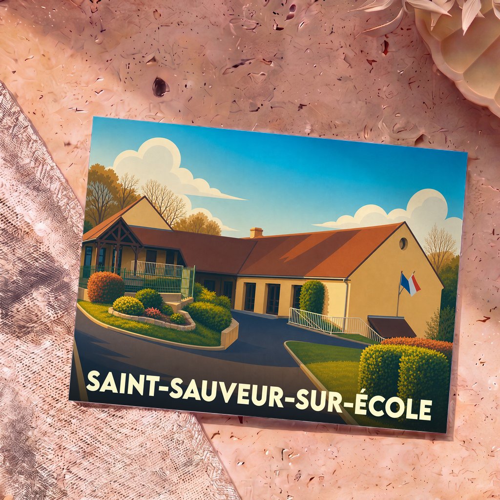 Carte postale souvenir de Saint-Sauveur-sur-École illustrant la mairie de la ville dans un style graphique épuré.