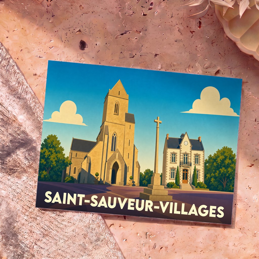 Carte postale souvenir de la ville de Saint-Sauveur-Villages avec une illustration stylisée de son église et de sa mairie.