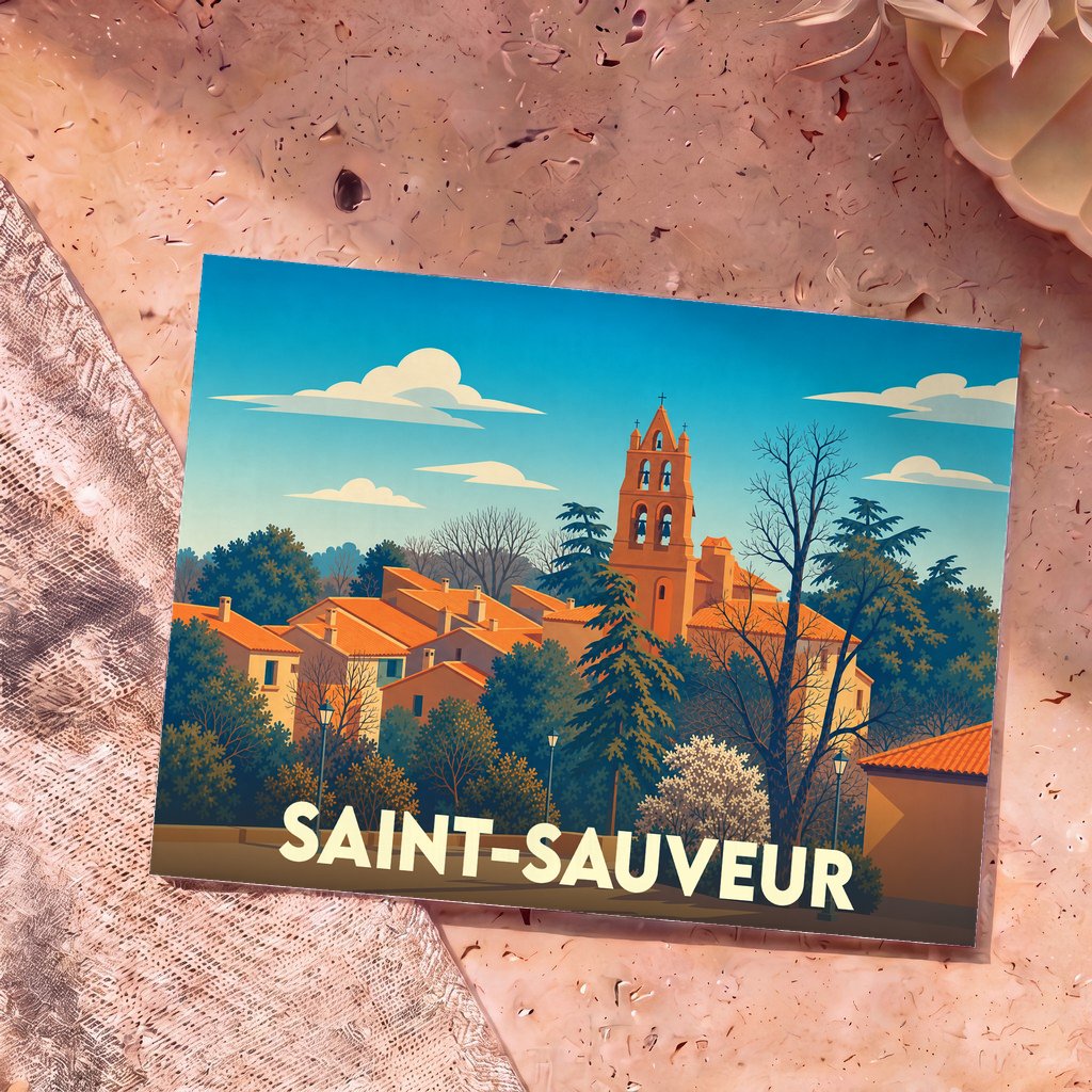 Carte postale souvenir de la ville de Saint-Sauveur avec une illustration stylisée de son clocher et de ses toits provençaux.